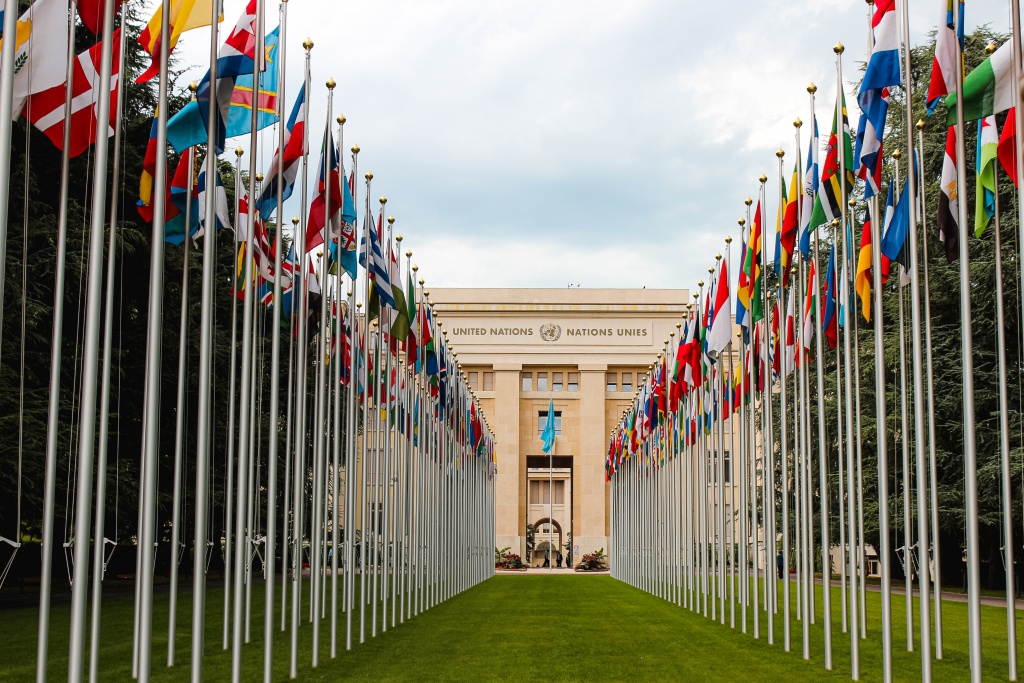 Flags of countries in the world in front of the United Nations building