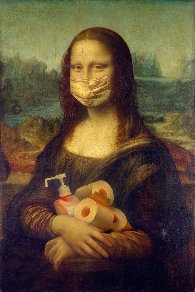 An image of Monalisa with face masks, tissue, and disinfectants
